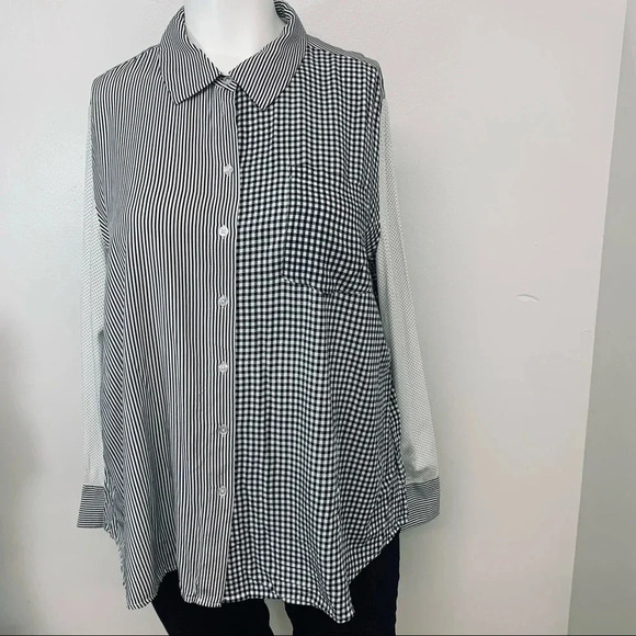 Lane Bryant Blouse Top Black White Stripe Check 22/24  Long Line Hi Liw Buttons - Picture 1 of 12